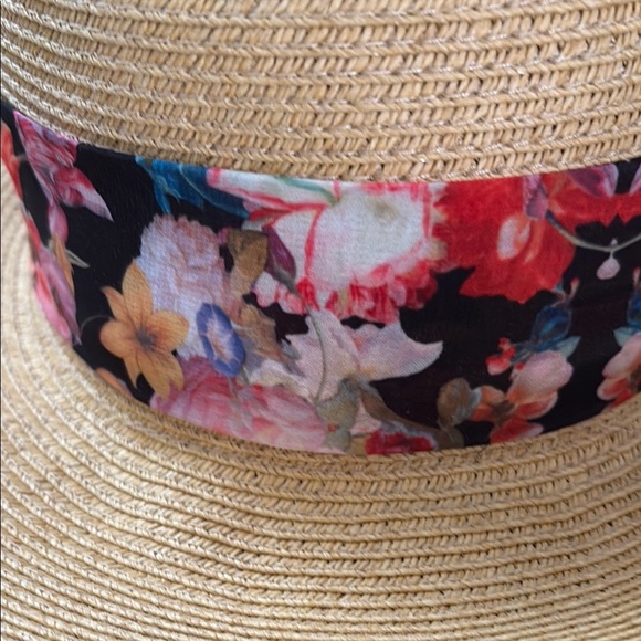 Tan Straw Sun Hat with Wide Brim and Decorative Floral Scarf Band - Picture 7 of 9